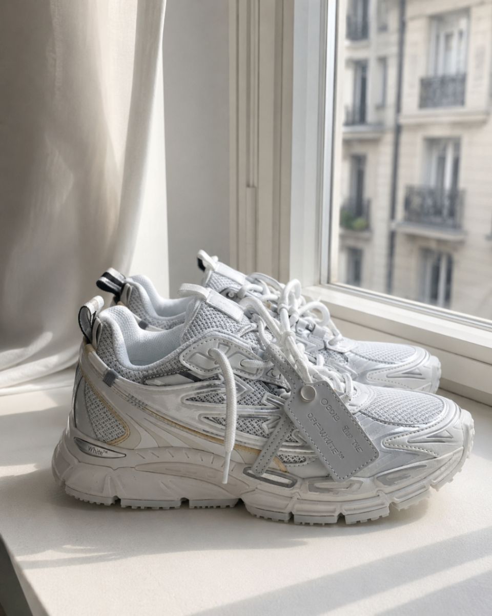 White mesh runner sneakers on a windowsill in Paris morning light