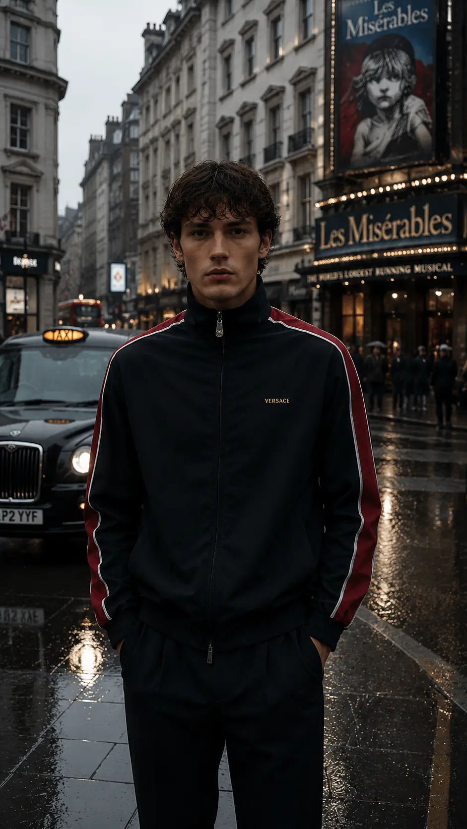 Man in a navy track jacket with red side stripes on a rain-slick London street at dusk