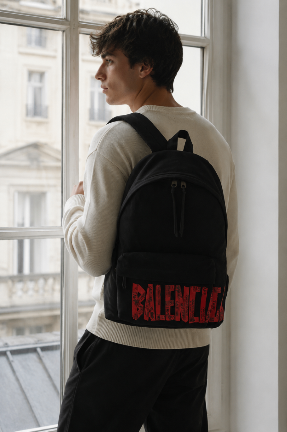 Man in a cream knit sweater wearing a black logo backpack by a Paris window