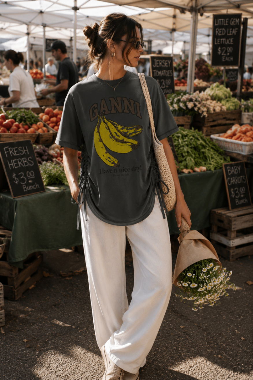 Woman in a charcoal graphic tee and white wide-leg trousers at a sunlit farmers market