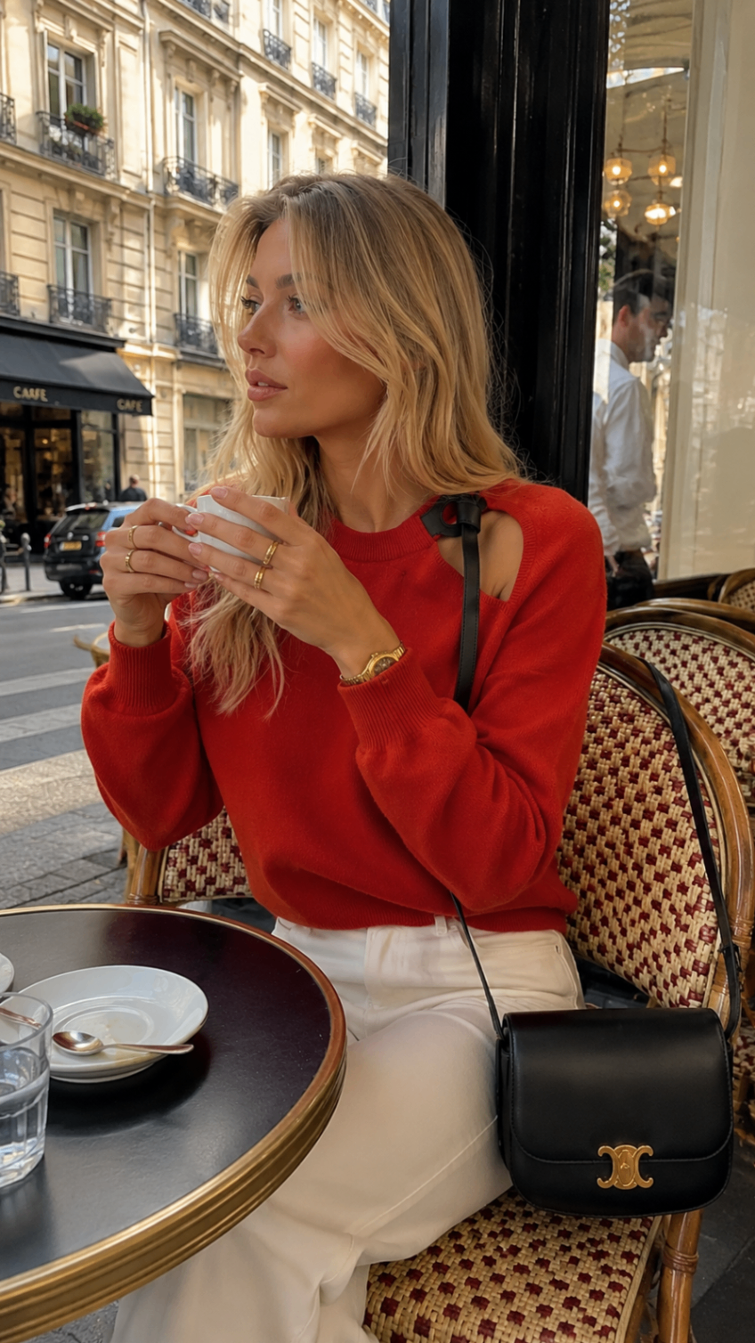 Woman in a red cut-out knit sweater with a black leather shoulder bag at a Paris café terrace