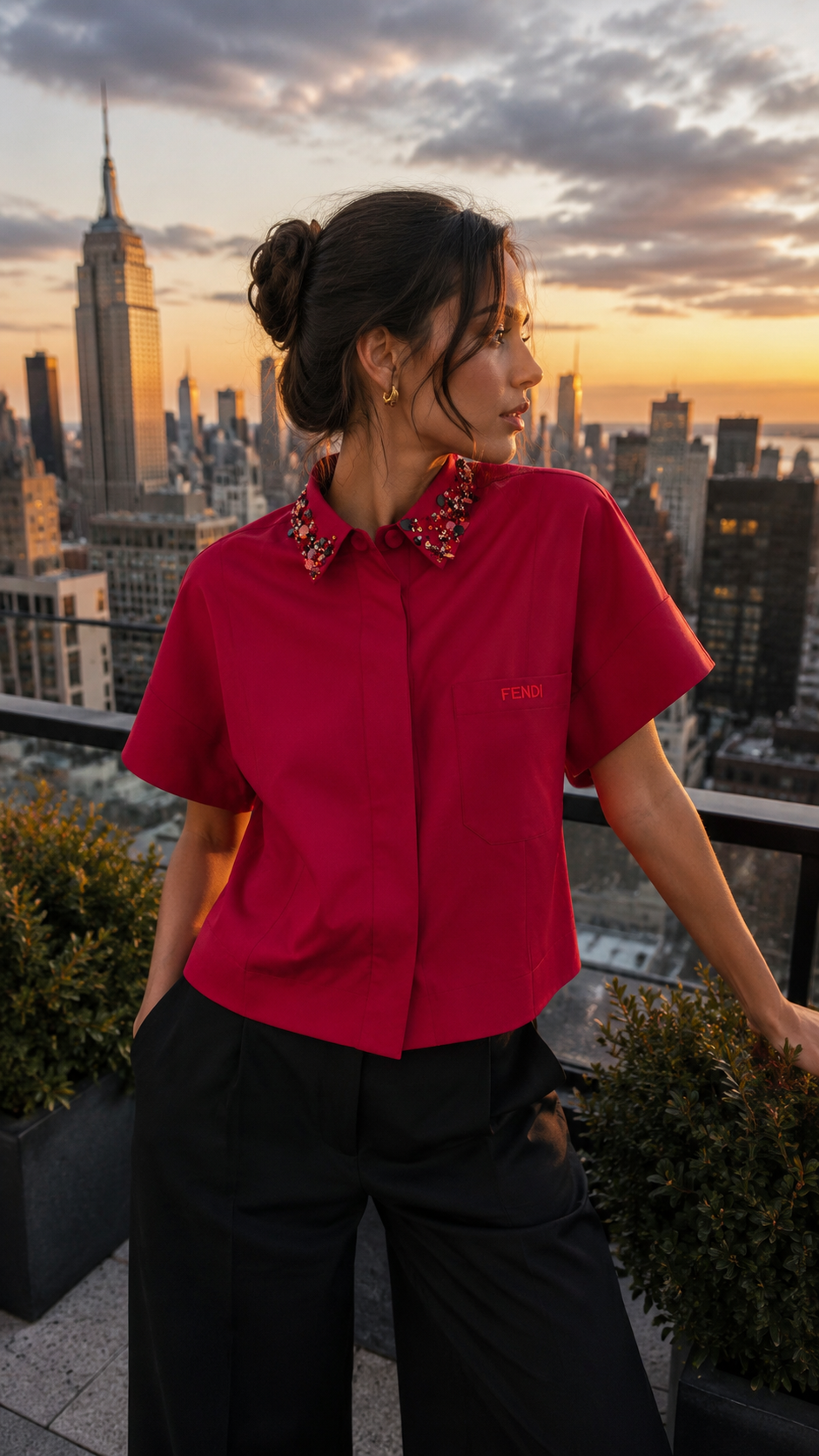 Woman in a crimson embellished-collar shirt on a rooftop at sunset above the city