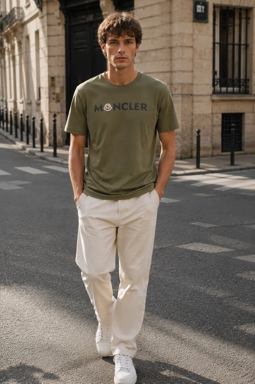 Man in an olive logo t-shirt and off-white trousers crossing a sunlit Paris boulevard