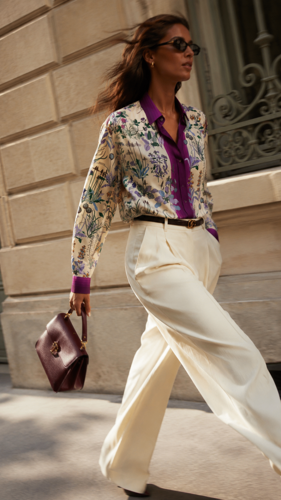 Woman in a floral silk shirt and ivory wide-leg trousers with a burgundy top-handle bag
