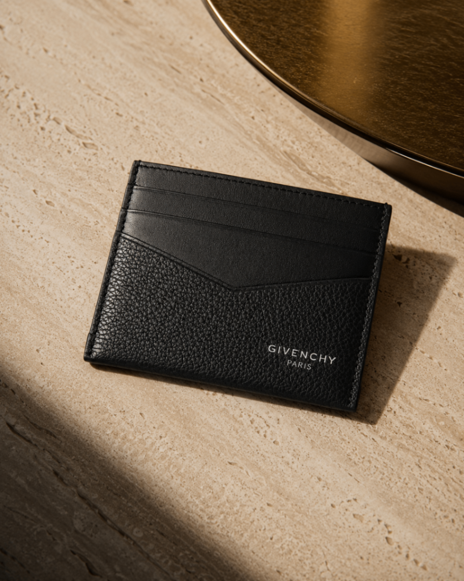 Black grained leather cardholder on travertine stone beside a brass table edge