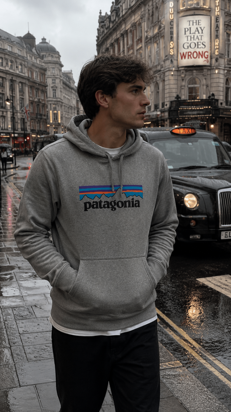 Man in a grey logo hoodie on a rain-slick London street beside a black cab