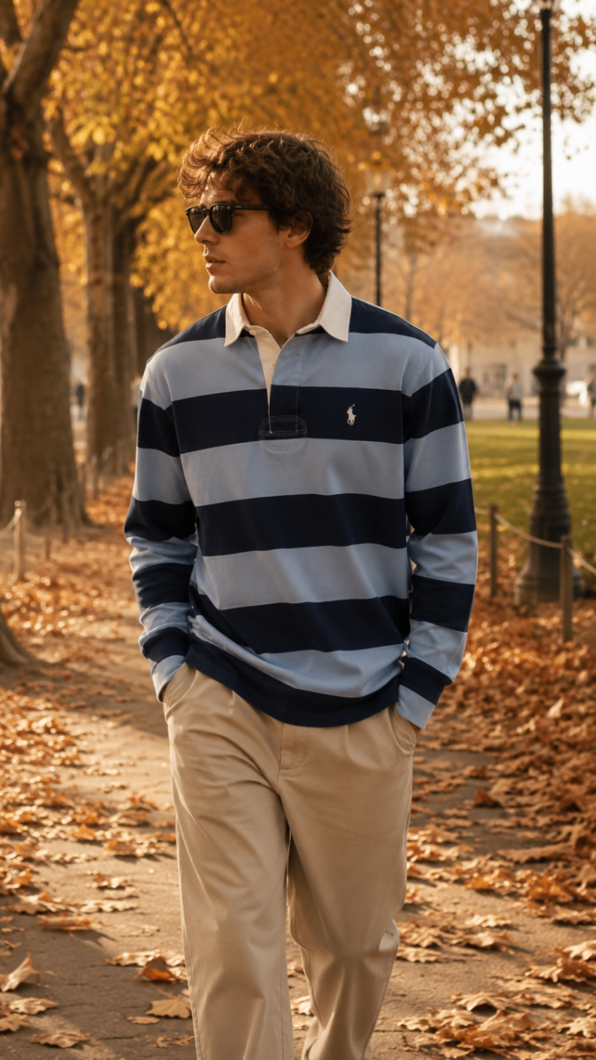 Man in a striped rugby polo and beige chinos walking under golden autumn trees