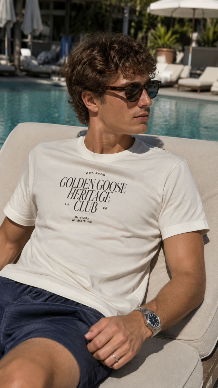 Man in a cream heritage-print t-shirt and navy shorts on a poolside lounger