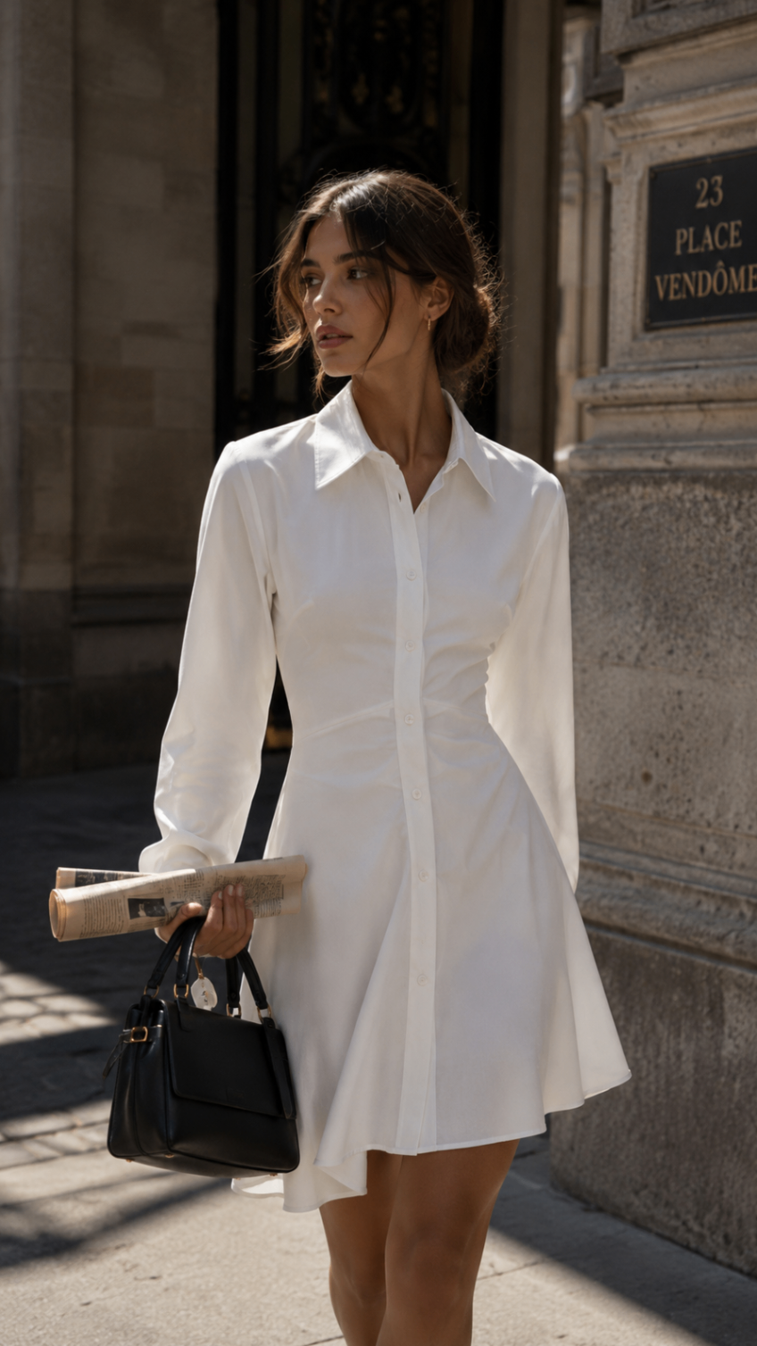 Woman in a white poplin shirt dress with a black top-handle bag at Place Vendôme