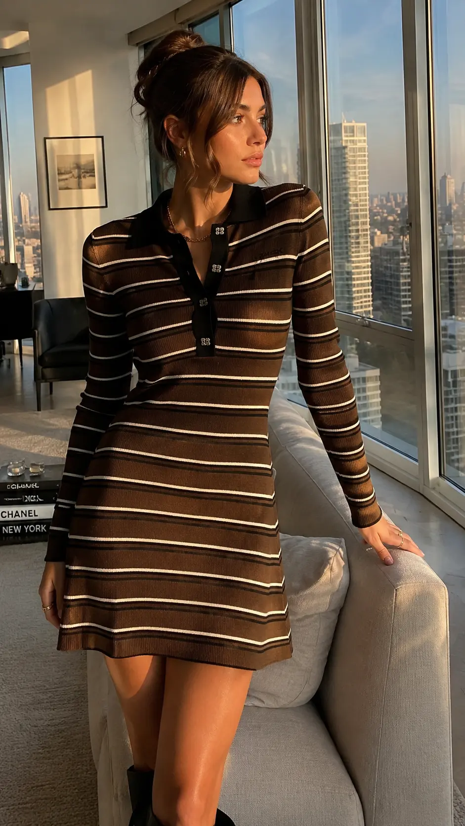 Woman in a brown striped knitted polo dress in a sunlit high-rise apartment